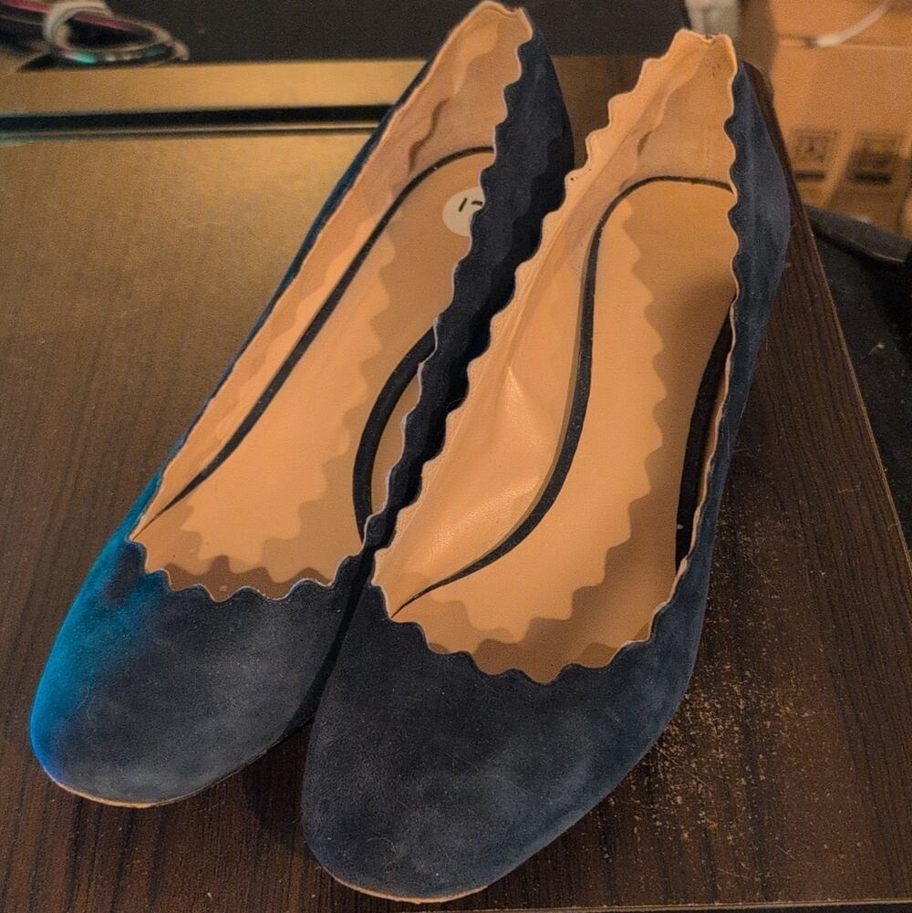 Chloé Blue Suede Scalloped Pump Block Heel Slip-On Round Toe EU 42